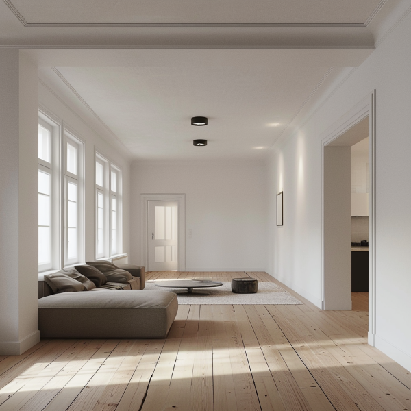 A long, white living room with hardwood floors, a sectional sofa, and round coffee table.