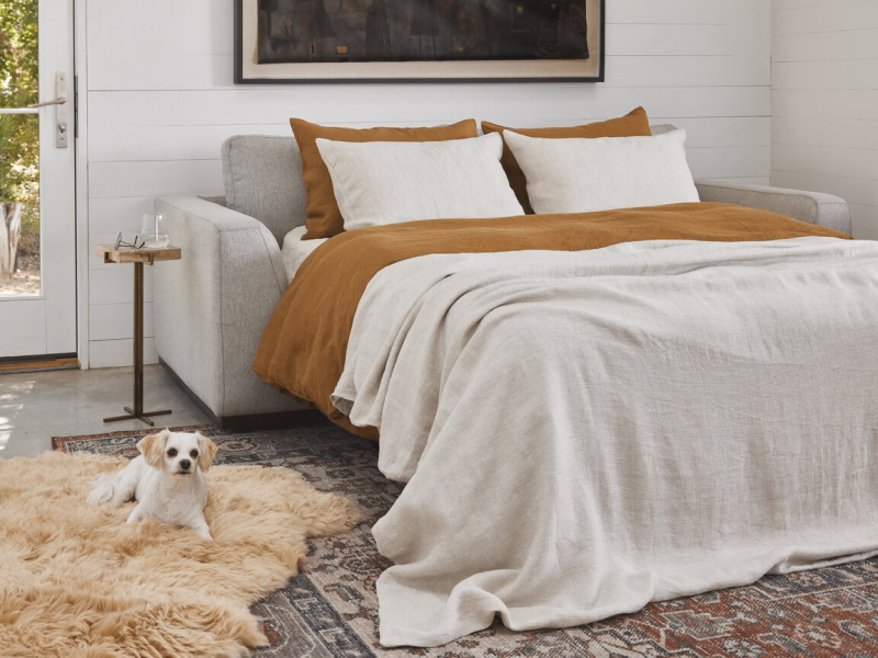 Modern bedroom with sectional sofa, bed, and dog.