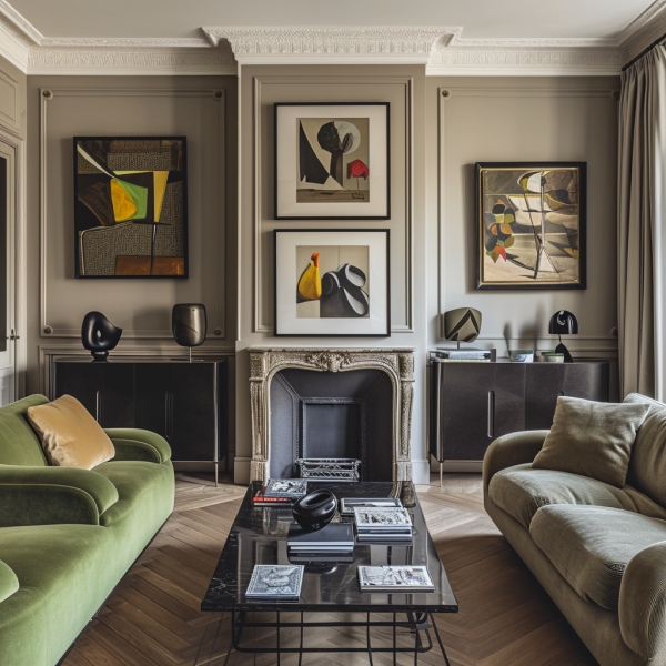 A sophisticated long living room with a gray fireplace, green sofas, and framed artwork.