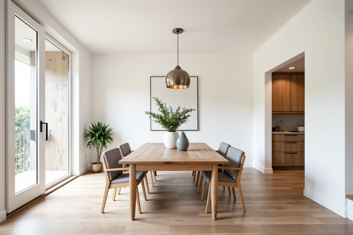 Modern dining room with a natural wood dining table and cushioned wooden chairs in a minimalist design. A large potted plant adds greenery to the corner, while a statement pendant light hangs over the table. French doors let in natural light, and a subtle wall art piece complements the simple, airy decor. An open doorway reveals a cozy kitchen area with wooden cabinets, enhancing the warm, cohesive look