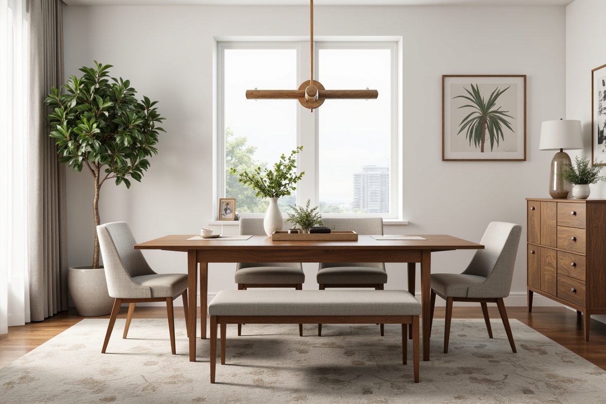 Modern dining room featuring a wooden dining table with matching chairs and a bench in neutral fabric. A tall green plant adds a touch of nature in the corner, while a minimalist light fixture hangs above the table. A large window brightens the space, complemented by a wooden sideboard, decorative wall art, and a neutral rug, creating an inviting and serene atmosphere