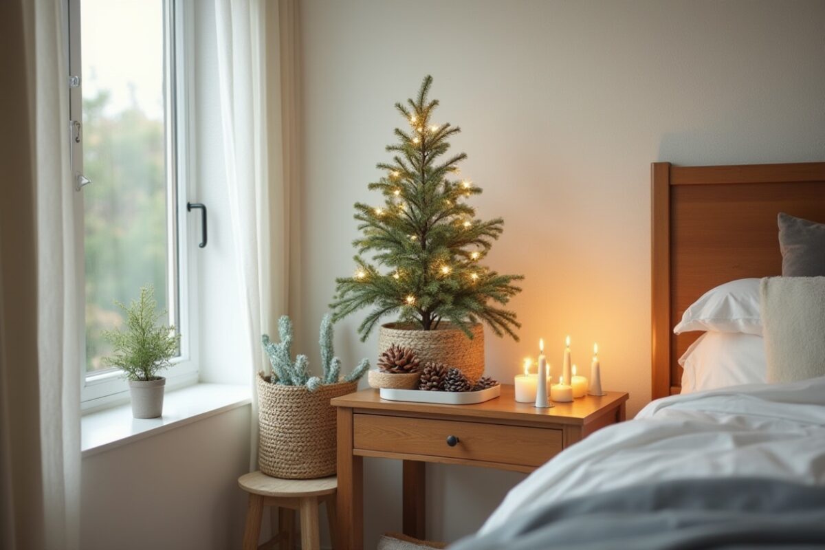 illuminated Christmas tree placed on a wooden bedside table. The soft glow of candles adds warmth and charm, while minimal decorations like pinecones and woven baskets contribute to a natural, rustic aesthetic.