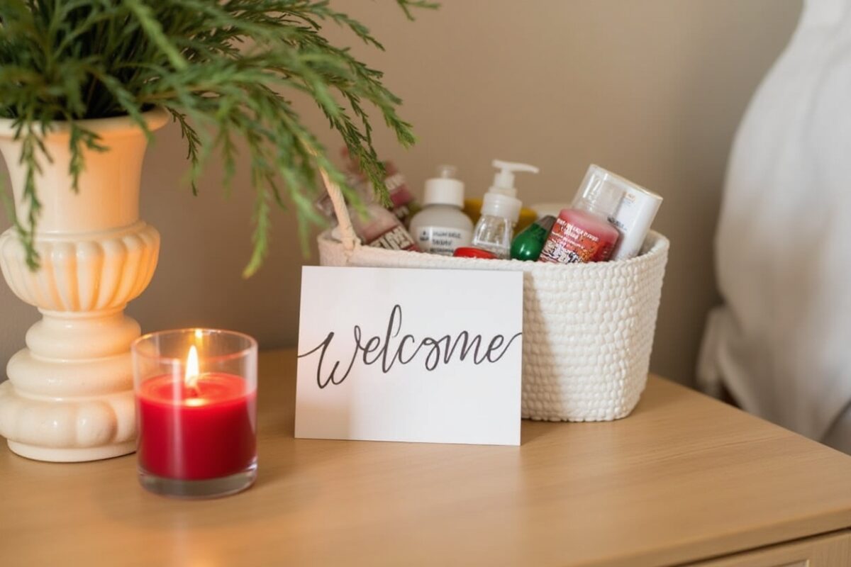 a welcoming basket filled with travel-size toiletries, accompanied by a handwritten "Welcome" card and a cozy red candle. The addition of fresh greenery completes the inviting scene.