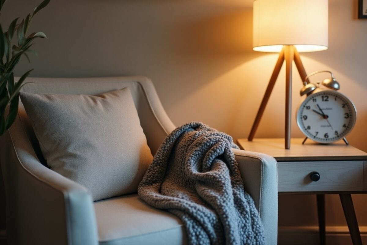 This cozy nook exudes comfort with a neutral armchair adorned with a soft, chunky knit blanket. A warm, ambient lamp and a retro-style clock on the wooden side table enhance the relaxed and inviting atmosphere, perfect for a guest room or quiet corner.