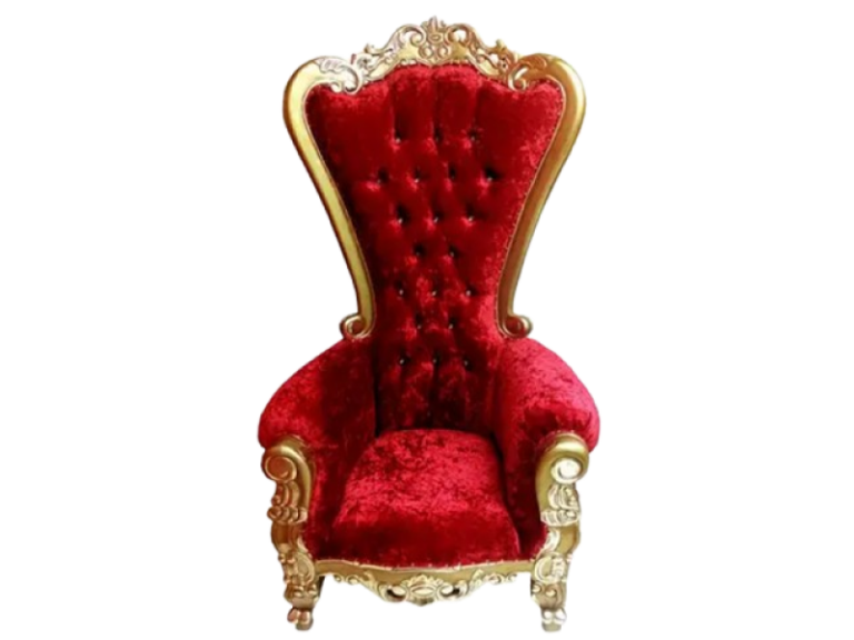 A red velvet example of an antique "throne chair", similar to the one seen in Mr. Potter's office.