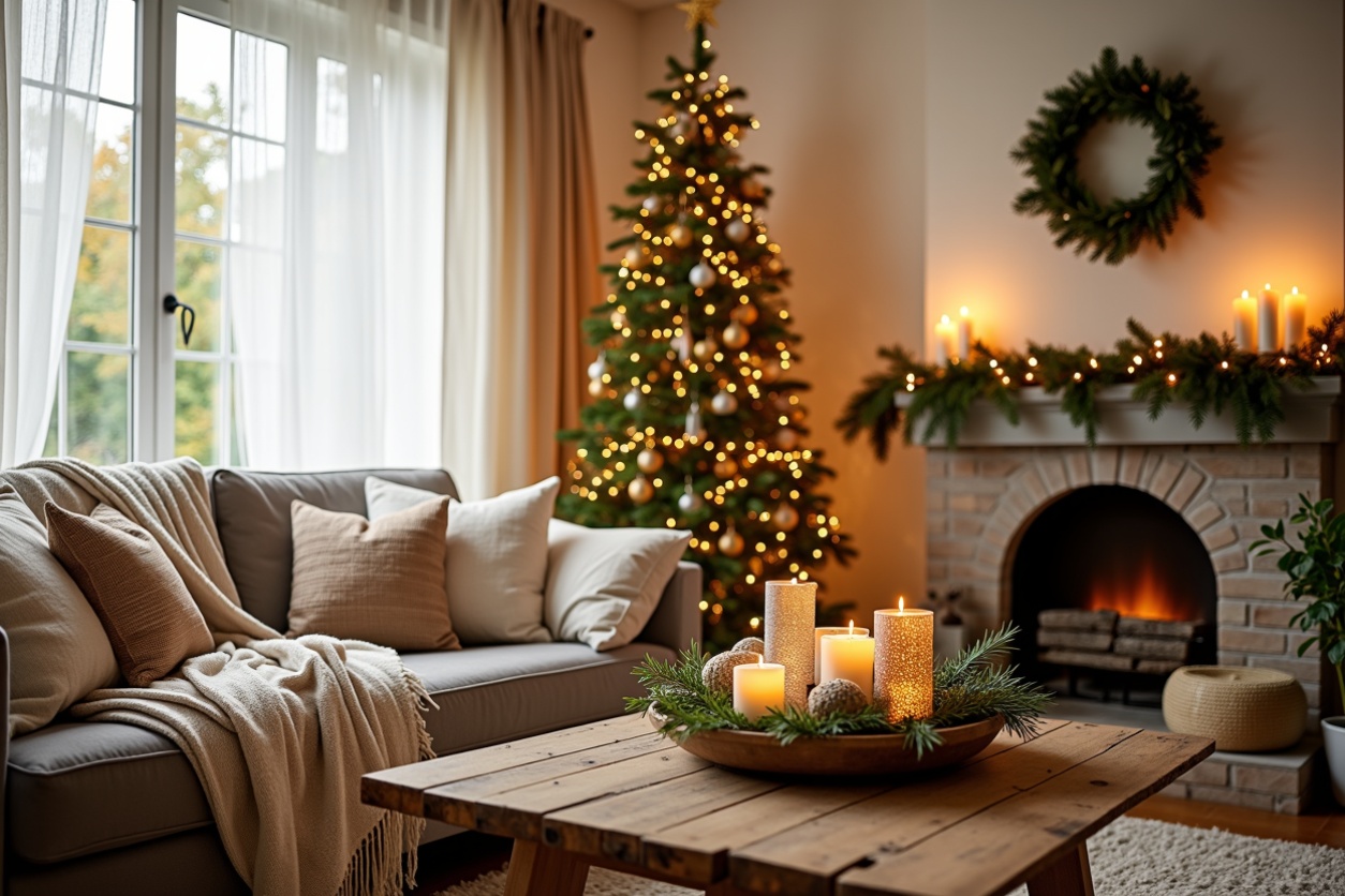 a cozy and festive living room with warm lighting, a Christmas tree, and a beautifully styled coffee table centerpiece. The scene conveys a tranquil and inviting holiday ambiance.