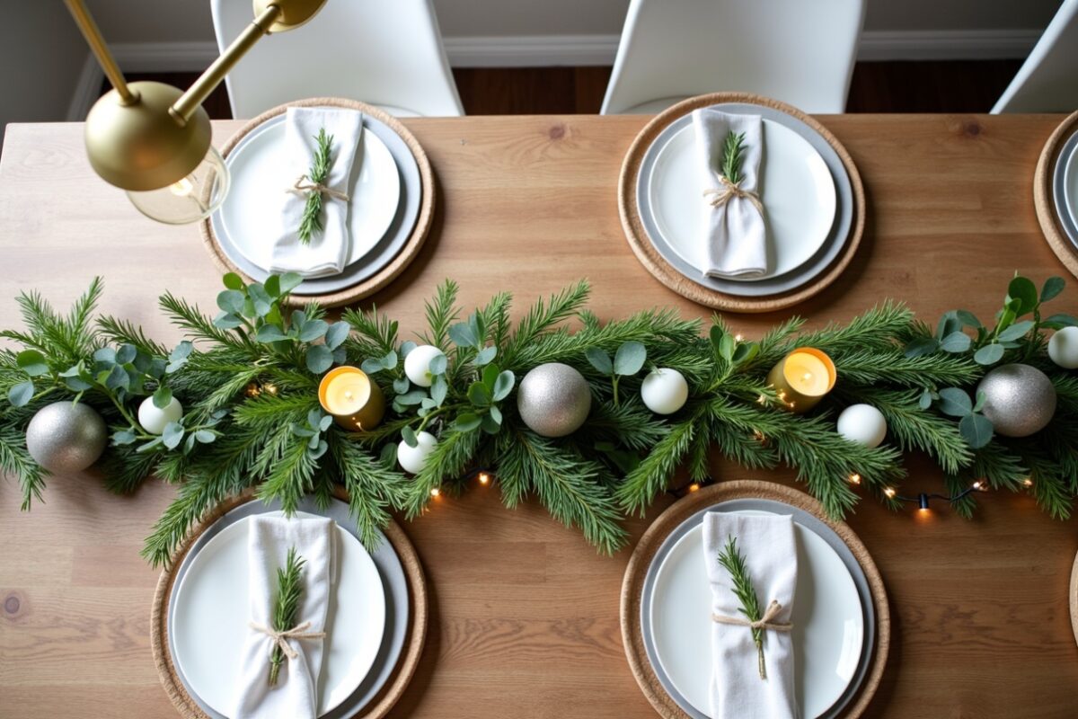 an elegant holiday dining table setup featuring a centerpiece of lush greenery, ornaments, and candles. The natural elements are paired with simple, sophisticated table settings, including neutral-toned plates and napkins tied with twine and sprigs of greenery. It’s a festive and inviting arrangement that balances elegance with minimalism