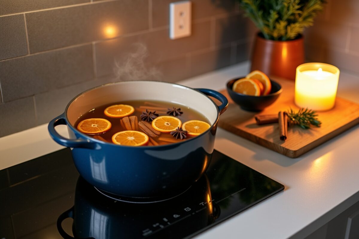 holiday scents, featuring a simmering pot of fragrant ingredients such as orange slices, cinnamon sticks, and star anise. The cozy setup is complemented by the warm glow of a candle, creating a welcoming and festive atmosphere