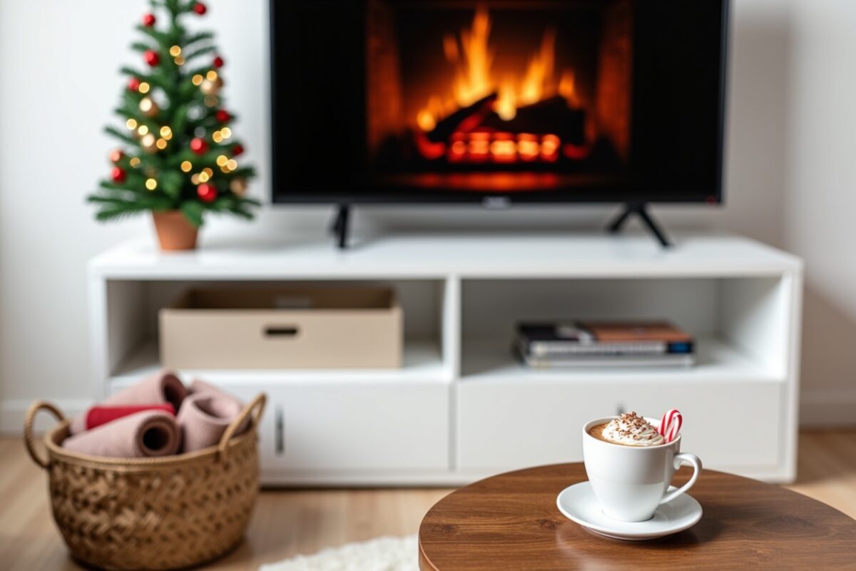 a cozy holiday setup for a small space, featuring a mini Christmas tree adorned with ornaments, a TV displaying a warm fireplace, and a cup of hot chocolate topped with whipped cream and a candy cane. The neatly organized decor, including a basket of rolled blankets, highlights how small touches can create big holiday vibes in compact spaces