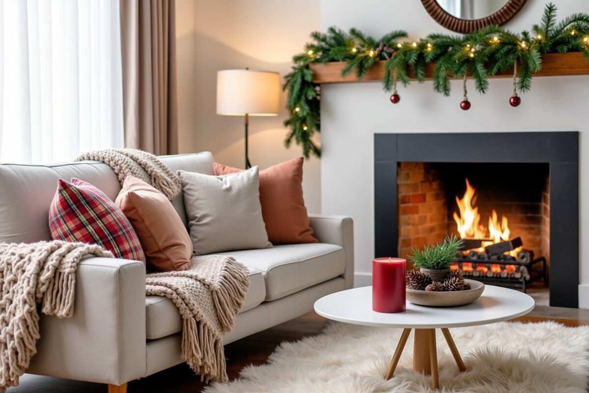 a cozy living room featuring a warm fireplace, festive garland, and soft textures like knit throws and fluffy rugs, creating a welcoming holiday ambiance.