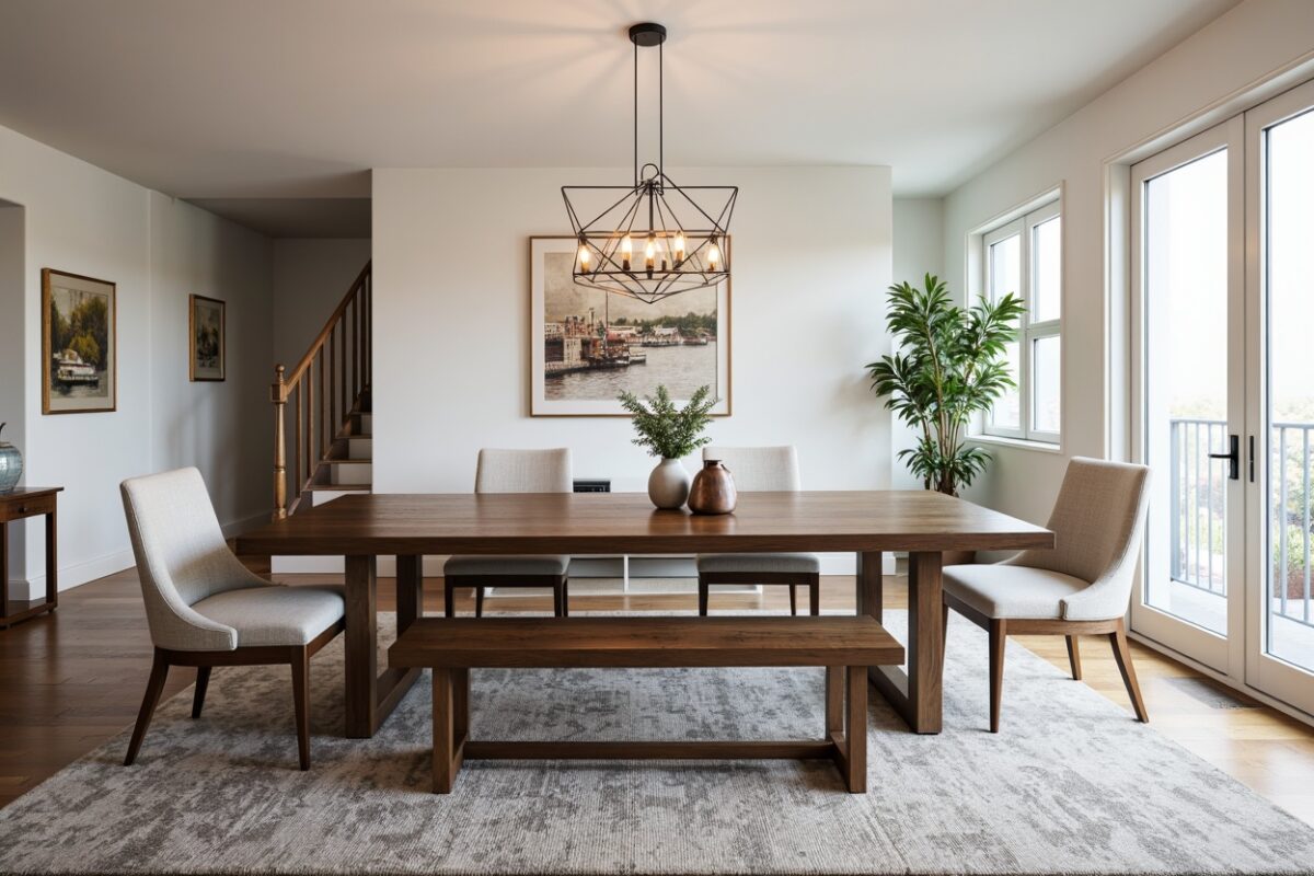 Spacious dining room with a large wooden table, upholstered chairs, and a matching bench, set on a textured rug. A modern geometric chandelier hangs above, creating a focal point. Artwork on the wall and a large potted plant add warmth and character to the space, while French doors let in abundant natural light, enhancing the inviting atmosphere