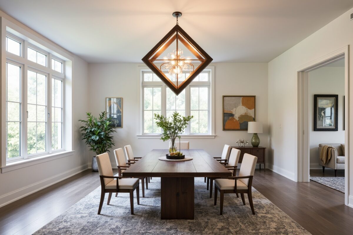 Elegant dining room with a large rectangular wooden table surrounded by upholstered chairs on a patterned rug. A striking geometric chandelier hangs above the table, adding a modern touch to the space. Large windows bring in natural light, while abstract artwork and potted plants enhance the room’s warm and inviting atmosphere