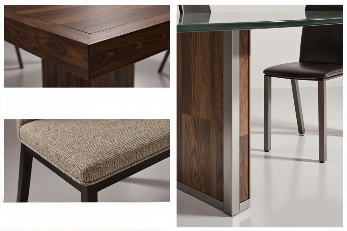 Close-up collage of modern dining table and chair details, featuring a dark wood tabletop with rich grain, a fabric-upholstered seat in a neutral tone, and a glass tabletop supported by a wooden base with sleek metal accents. The combination of textures and materials highlights a sophisticated, contemporary design