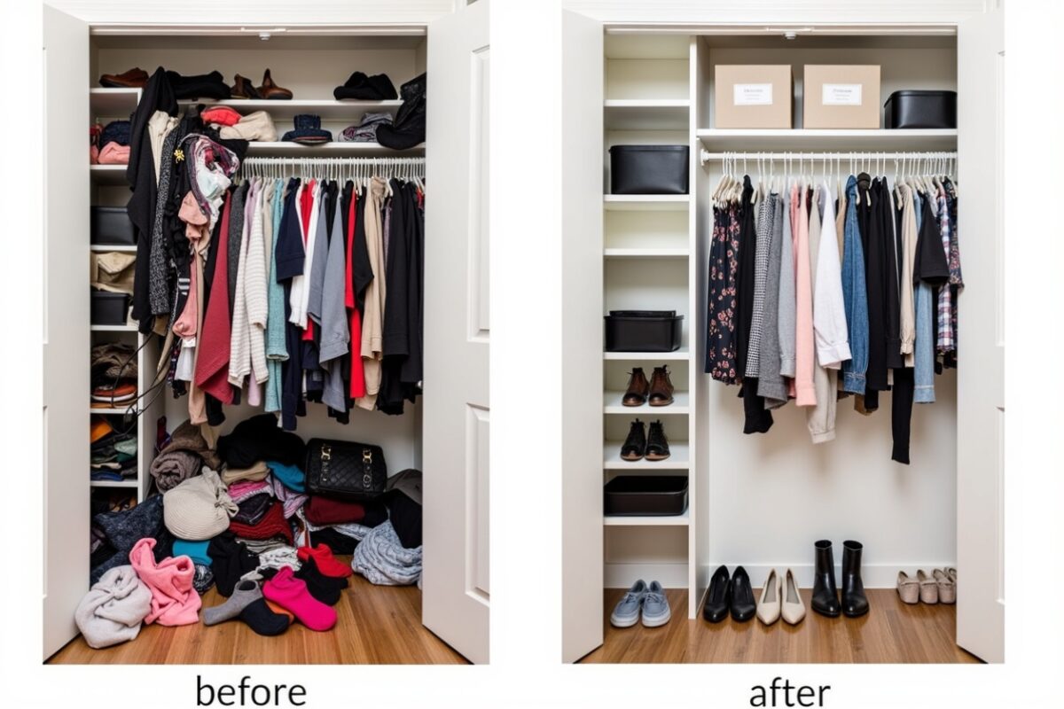 Side-by-side comparison of a closet before and after decluttering and organization. The 'before' image shows a cluttered closet with clothes, shoes, and items piled on the floor and shelves. The 'after' image displays a neatly organized closet with clothes evenly spaced on hangers, shoes lined up on the floor, and storage boxes and accessories arranged tidily on shelves