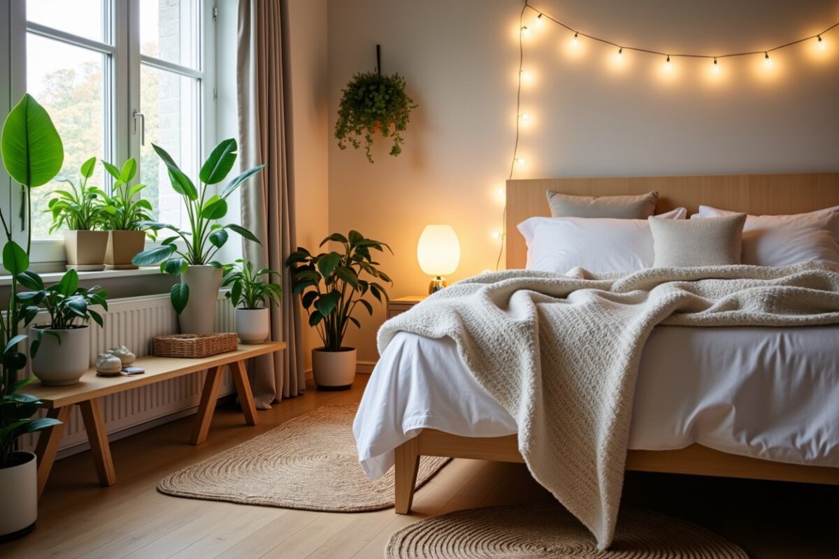 A serene bedroom with a wooden bed frame, white bedding, and a soft knit blanket draped over the bed. Warm string lights hang on the wall above the headboard, creating a cozy ambiance. The room features an abundance of greenery, with potted plants on a wooden bench by the window and scattered around the floor. A woven rug and a soft table lamp add natural textures and warmth to the space