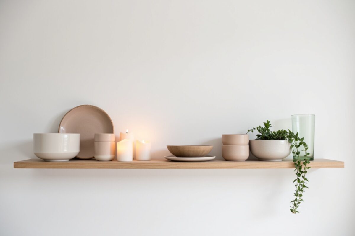 A minimalist wooden shelf adorned with neutral-toned ceramic dishes, bowls, and a small potted plant with trailing greenery. Three lit candles add a warm and cozy touch, creating a simple yet elegant display against a plain white wall.