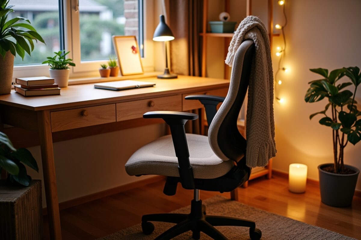 A cozy home office setup with a wooden desk near a window, adorned with potted plants, books, and a lit desk lamp. A comfortable ergonomic chair with a knit blanket draped over it sits in the foreground. Warm string lights and a glowing candle add ambiance, while a shelving unit and additional greenery complete the inviting workspace.