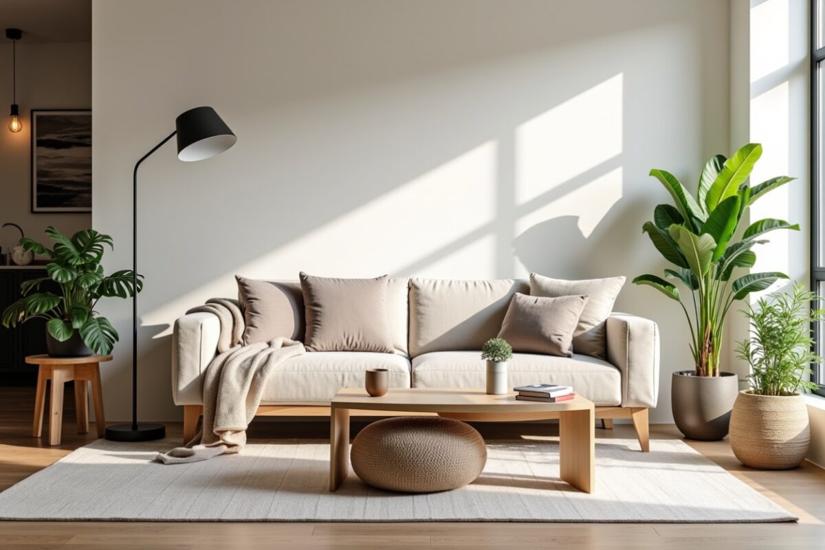 Bright and modern living room with a beige sofa adorned with neutral throw pillows and a cozy knit blanket. A wooden coffee table sits on a light area rug, holding a small plant and books. The room is accented with large potted plants, a black floor lamp, and natural light streaming through tall windows, creating a warm and inviting atmosphere