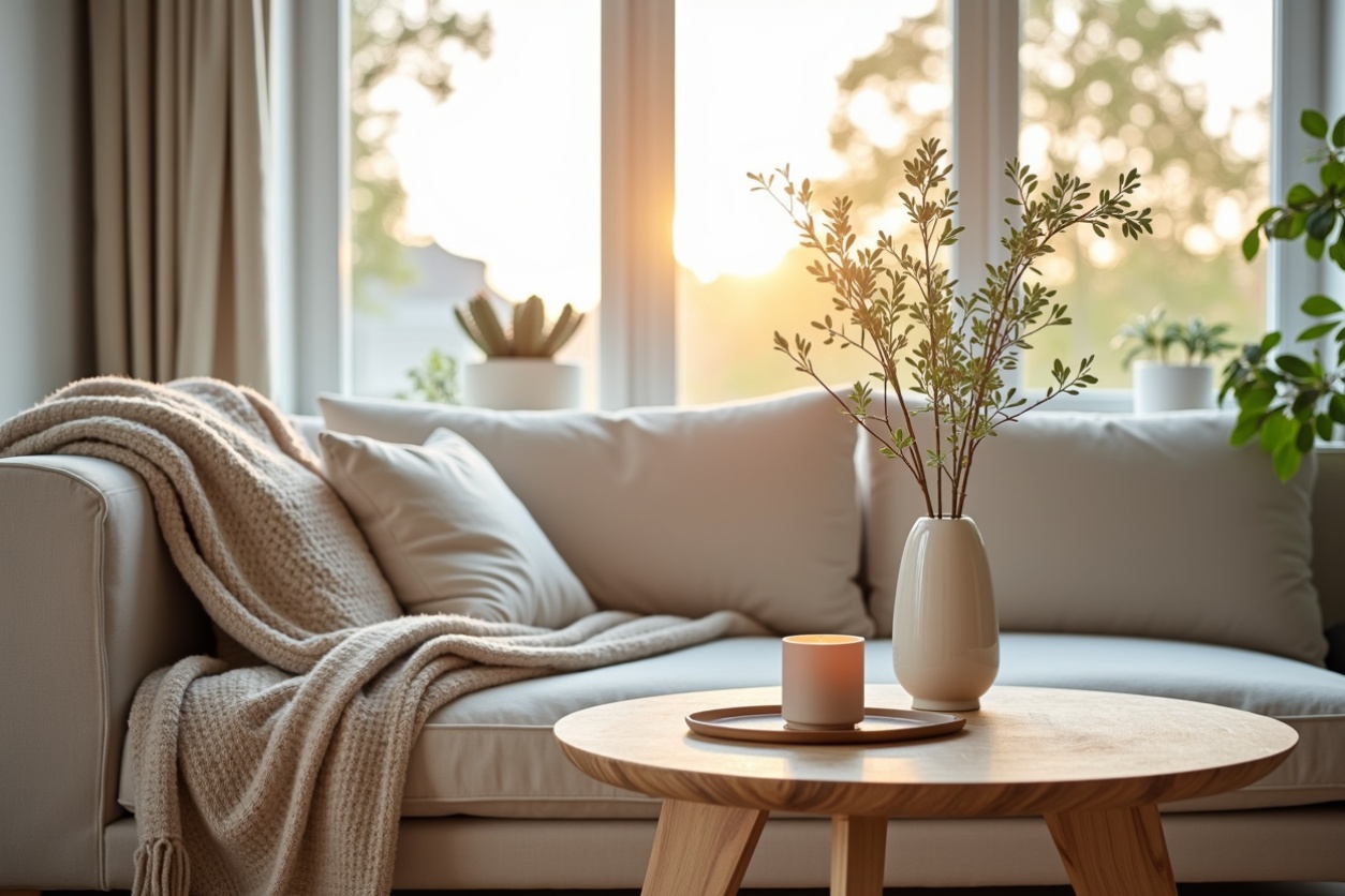 A cozy living room scene with soft sunlight streaming through large windows. A beige sofa adorned with plush cushions and a knitted throw sits in the background, while a wooden coffee table in the foreground holds a lit candle on a tray and a vase with green branches. Potted plants are placed near the windows, enhancing the serene and inviting atmosphere