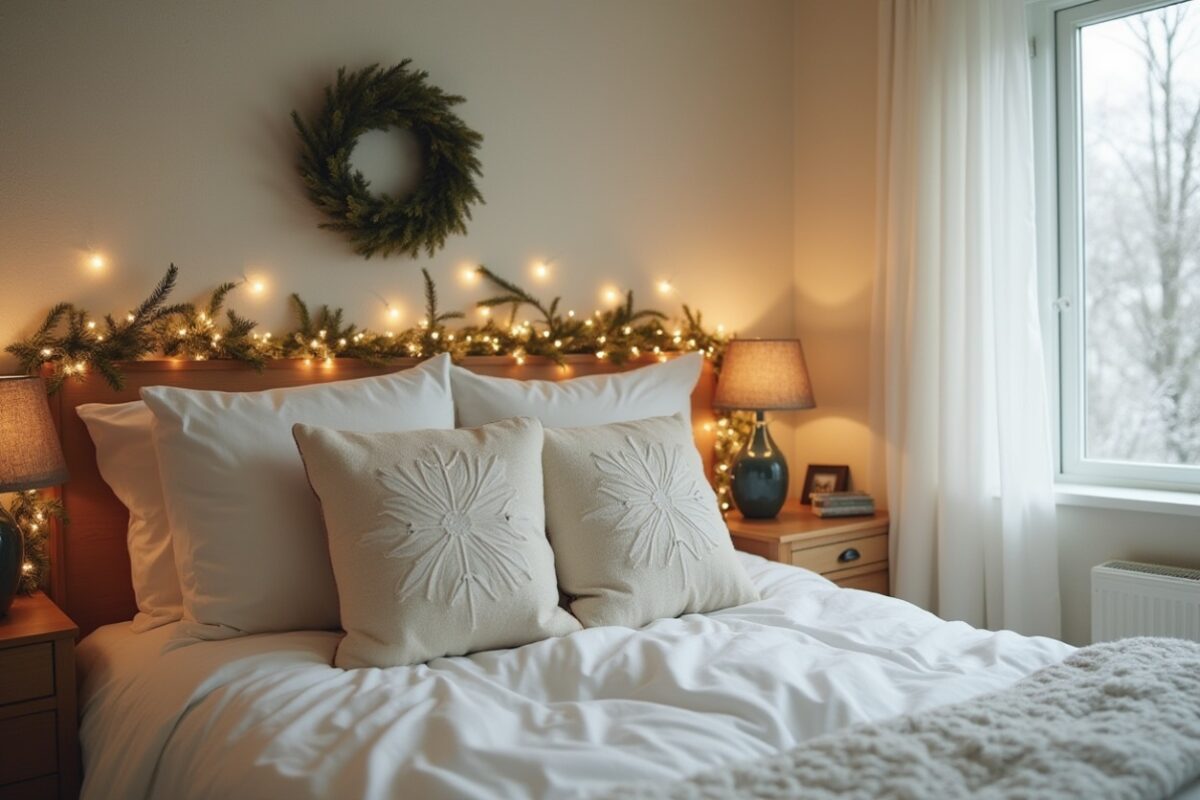 This inviting holiday guest bedroom features cozy bedding adorned with textured pillows and a warm, festive touch of twinkling string lights intertwined with greenery. A minimal wreath above the bed completes the seasonal decor, creating a serene and welcoming space.