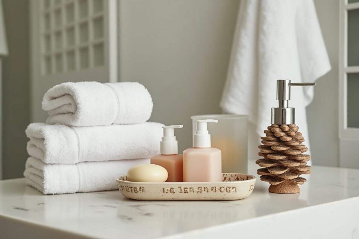 a perfectly arranged guest bathroom setup with neatly folded white towels, a ceramic tray holding soap and lotion, and a unique pinecone-shaped soap dispenser. The clean, neutral tones and thoughtful touches create a welcoming and spa-like experience for guests