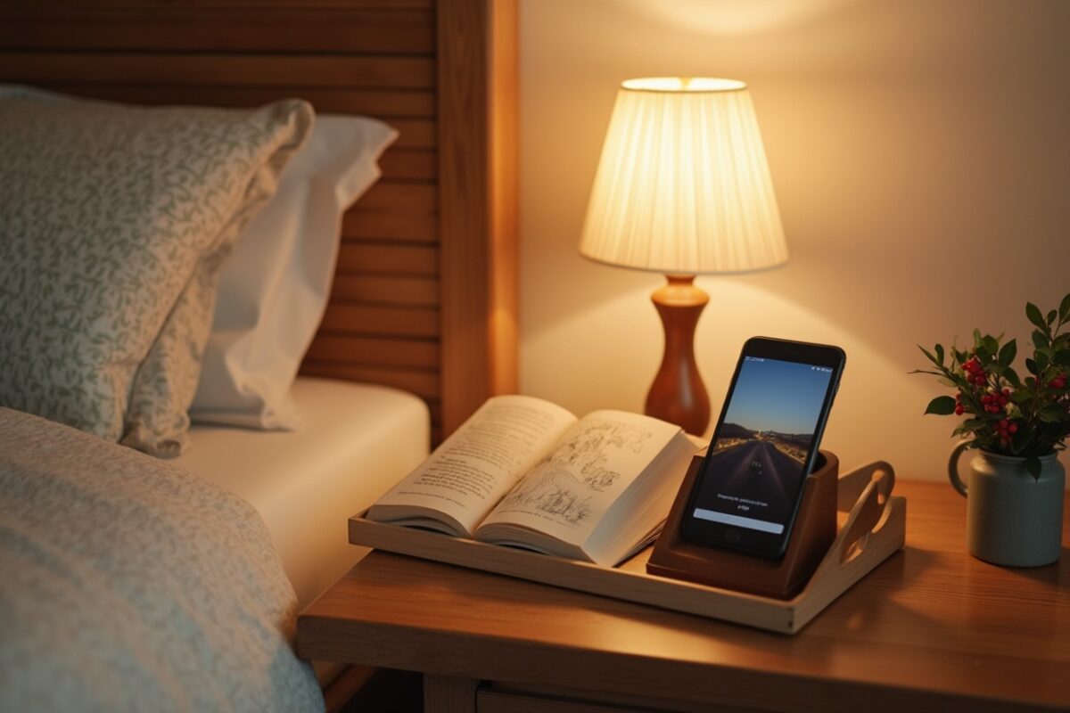 A wooden nightstand holds a warm lamp, an open book, and a phone dock for convenience. A touch of greenery with red berries adds a festive element, creating an inviting and functional space for guests to relax and unwind