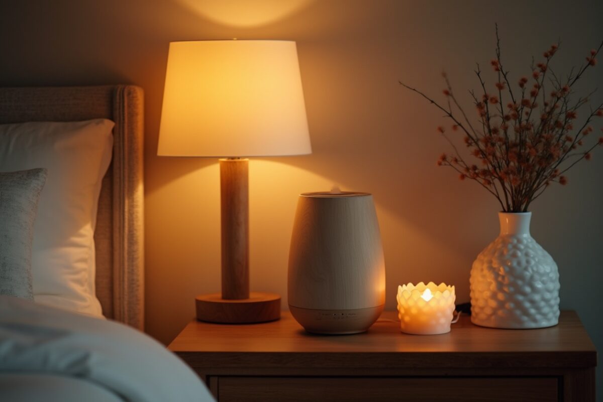 This photo captures a tranquil bedside arrangement featuring a soft-glowing lamp, a modern woodgrain diffuser, and a decorative candle holder. A vase with delicate dried flowers adds an organic touch to the wooden nightstand. The setup exudes warmth and relaxation, making it ideal for a cozy guest room ambiance