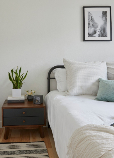 Bedroom with bed, bedframe, side table, plants and wall art