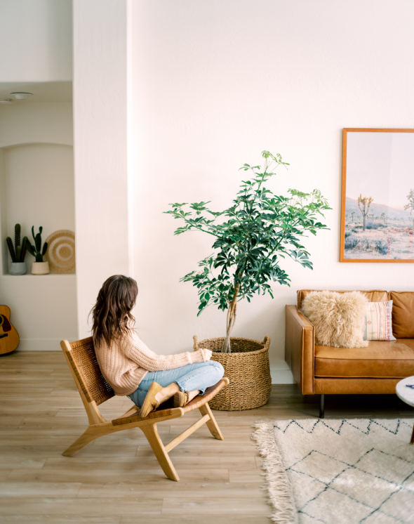 female looking at her plants and wall art seated on an accent chair with a sofa