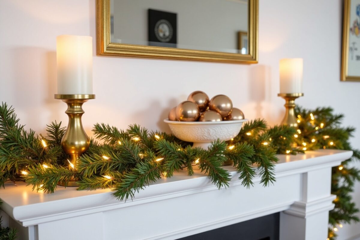 A festive holiday mantle adorned with a lush green garland intertwined with warm fairy lights. On either side, elegant gold candleholders with glowing pillar candles frame the display. At the center, a decorative white bowl holds shiny metallic gold ornaments, adding a touch of sparkle. Above the mantle, a gold-framed mirror reflects the warm, inviting ambiance of the space.