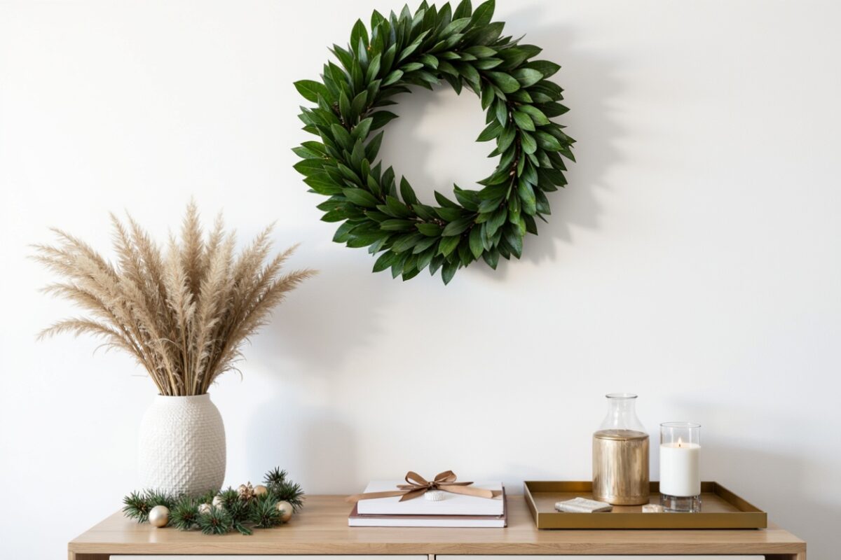 A minimalist holiday setup featuring a simple green wreath with lush leaves hanging on a plain white wall. Below, a sleek console table is styled with a textured white vase holding pampas grass, a small arrangement of greenery and ornaments, a stack of gift-wrapped books with a satin bow, and a golden tray holding a candle and decorative accents. The scene exudes elegance and simplicity, perfect for a modern holiday look.