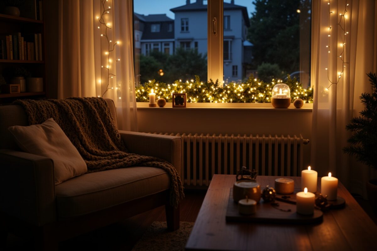 A cozy evening scene showcasing warm holiday lighting. Fairy lights are draped along a window, illuminating a garland of greenery on the windowsill. A soft armchair with a textured throw blanket and pillow sits in the foreground, creating a perfect reading nook. A wooden coffee table is adorned with glowing candles of various heights, adding to the serene and inviting ambiance. The view outside reveals a charming, quiet neighborhood under the evening sky.