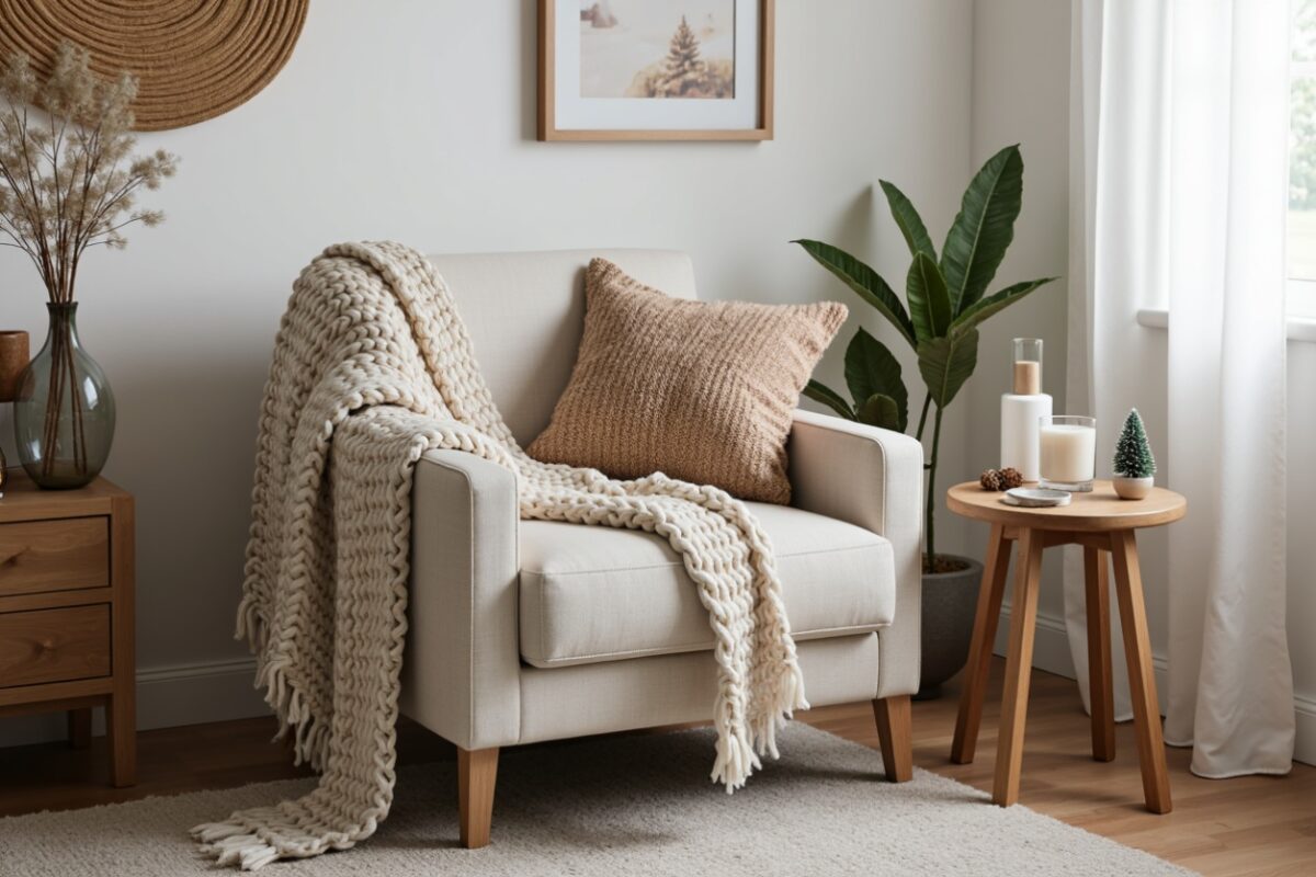 A cozy corner featuring a cream armchair adorned with a chunky knit throw and a textured neutral pillow. A small wooden side table beside it holds minimalist holiday accents, including candles, a tiny evergreen tree figurine, and pinecones. The room is softly lit by natural light, with greenery and warm wood tones adding to the inviting, comfortable atmosphere. A perfect setup for a relaxed holiday moment.