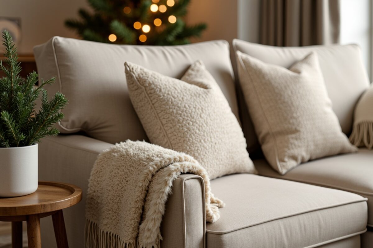 A cozy beige sofa styled with textured cream and taupe pillows, accompanied by a soft faux fur throw draped over the armrest. A small wooden side table holds a minimalist white pot with a festive evergreen plant. In the background, a softly glowing Christmas tree adds warmth and holiday charm.