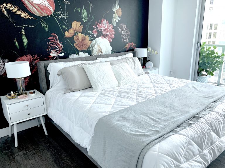 Neutral bedroom furniture for a statement backdrop