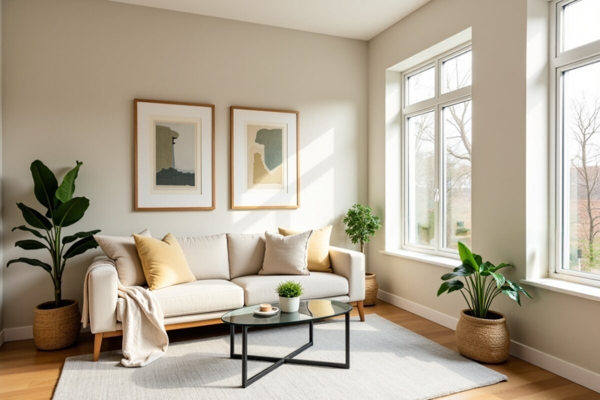 A cozy and modern living room with a neutral color palette. The room features a light beige sofa adorned with soft throw pillows in shades of beige and mustard yellow. A throw blanket is draped over the arm of the sofa. Two minimalist abstract artworks in wooden frames are hung on the wall above the sofa. A glass-top coffee table with a black metal base sits on a light area rug. The room is accented with vibrant green potted plants in woven baskets placed near large windows that allow natural light to flood the space, creating a warm and inviting atmosphere.