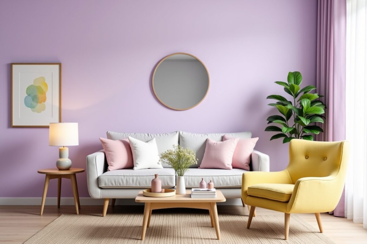 A bright and cheerful living room with a pastel color palette. The walls are painted a soft lavender, complemented by matching curtains that let in natural light. A light gray sofa is adorned with pink and white throw pillows for a cozy feel. A round wooden-framed mirror hangs on the wall above the sofa, adding depth to the space. On the left, a wooden side table holds a modern lamp with a pastel base and a framed watercolor artwork in soft tones. A vibrant yellow armchair adds a pop of color, while a wooden coffee table in the center is styled with vases and a small floral arrangement. A large green potted plant enhances the fresh and lively atmosphere, and a natural woven rug anchors the space.