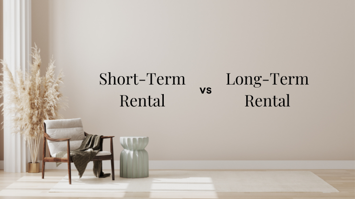 A minimalist living room with a chair, side table, and a large, blank wall. "Short-Term Rental" on the left side, "vs" in the middle, and "Long-Term Rental"