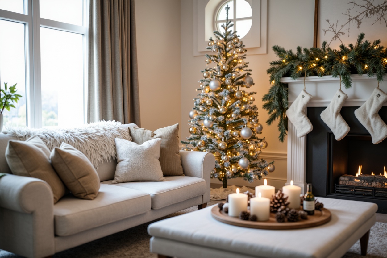 Elegant living room decorated for the holidays with a sparkling Christmas tree, garland above the fireplace, and a cozy seating area with neutral tones