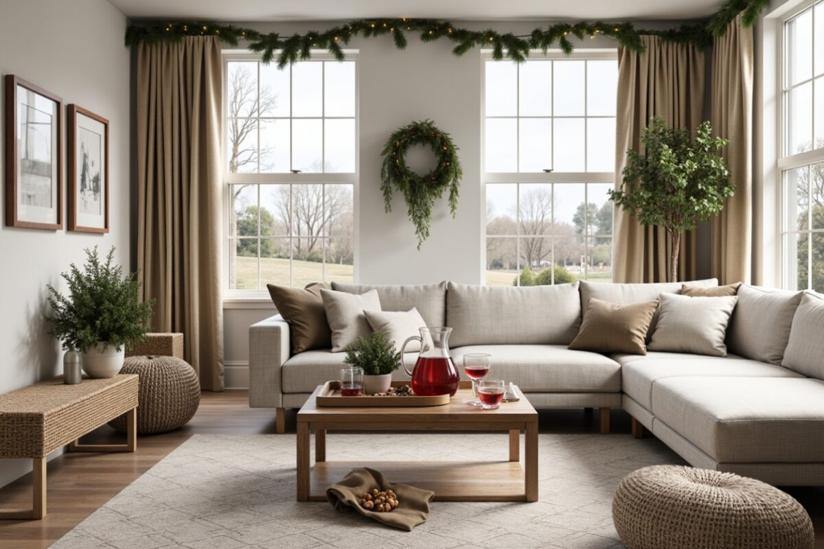 Neutral-toned living room styled for the holidays with a sectional sofa, wooden coffee table, and greenery accents, creating an open and inviting layout.