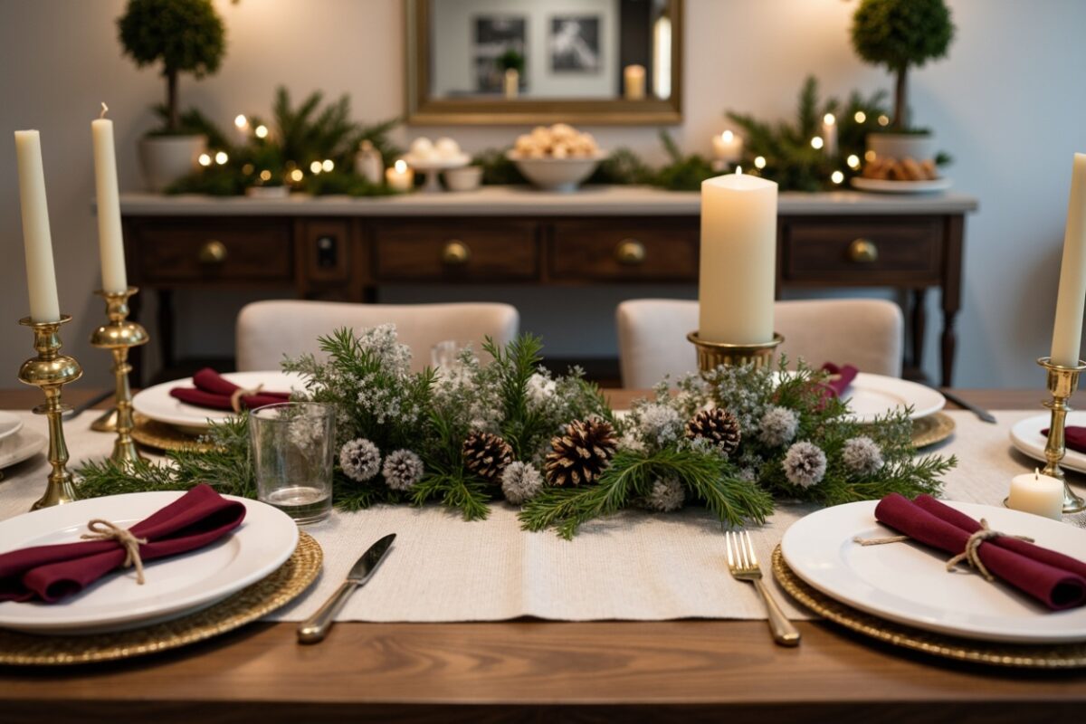 Elegant holiday dining table with a centerpiece of greenery, pinecones, and frosted accents, complemented by burgundy napkins, gold chargers, and tall candle holders.