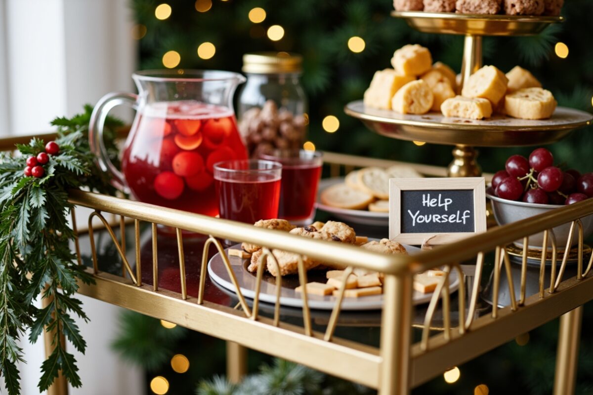 Festive gold bar cart with a pitcher of cranberry punch, holiday treats, and a 'Help Yourself' sign, accented by holly greenery and warm lighting