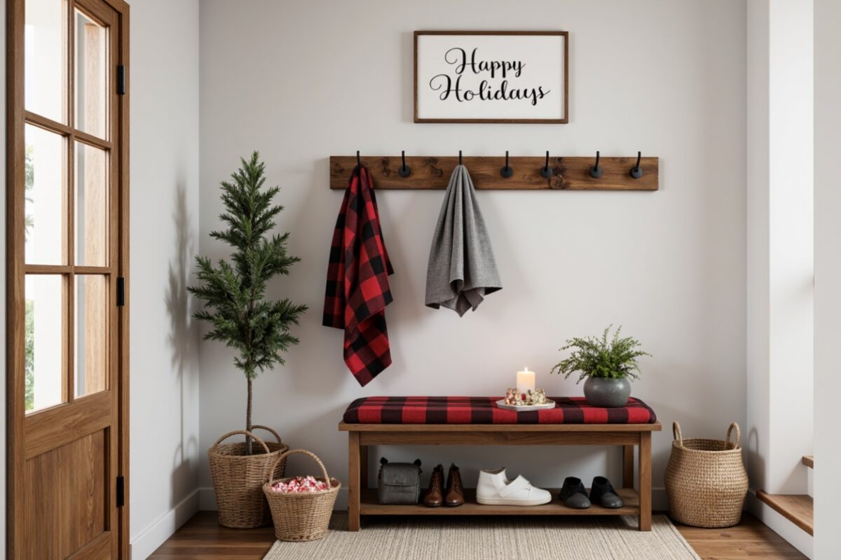 Cozy holiday entryway with a plaid-covered bench, a 'Happy Holidays' sign, hooks for coats, and baskets filled with seasonal decor