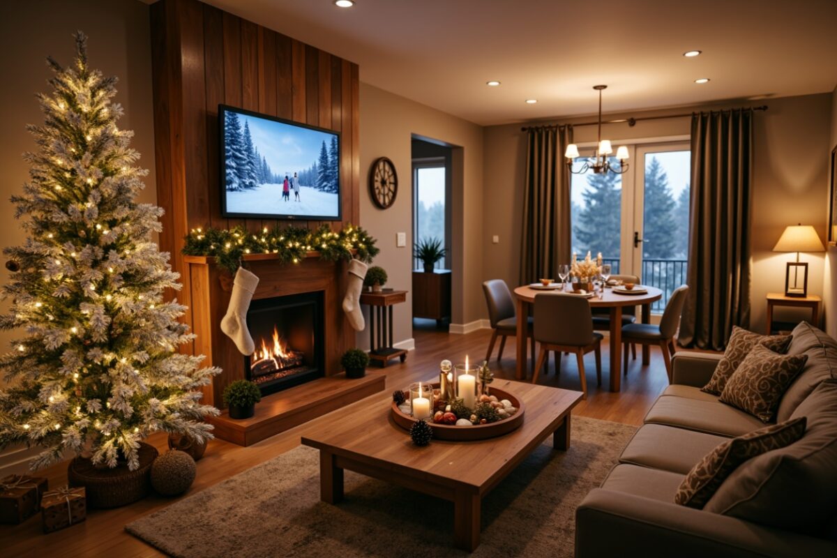 Holiday-ready living and dining space with a frosted Christmas tree, a cozy fireplace adorned with stockings and garland, and a table set for an elegant meal.