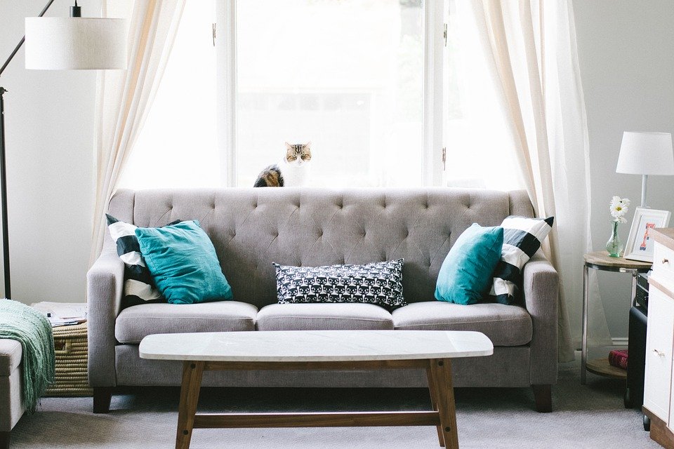 A living room with a light grey couch and two turquoise cushions.